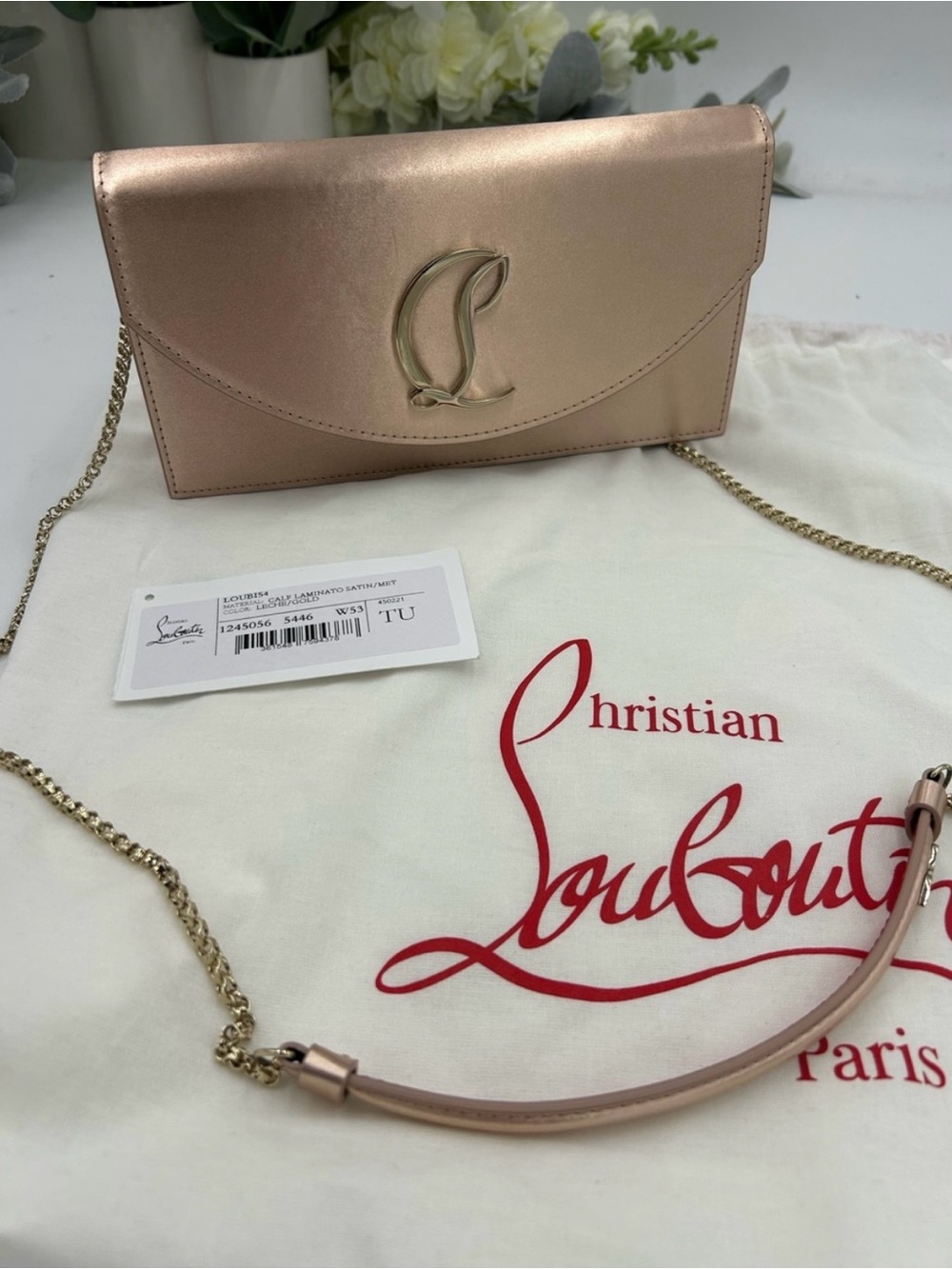 Women’s Christian Louboutin LOUBI 54 clutch in gold satin made in Italy